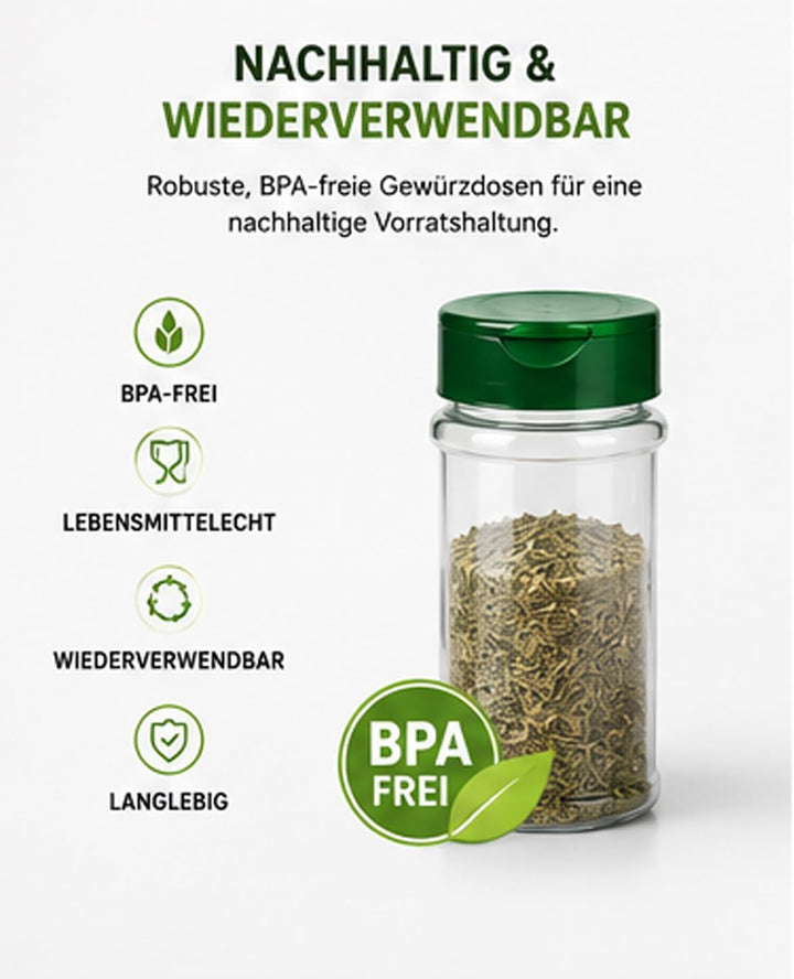 NaturGut 20 leere PET-Gewürzdose 100 ml mit UV-Schutz inkl. grüner Streuverschluss Dual Flap Flapper