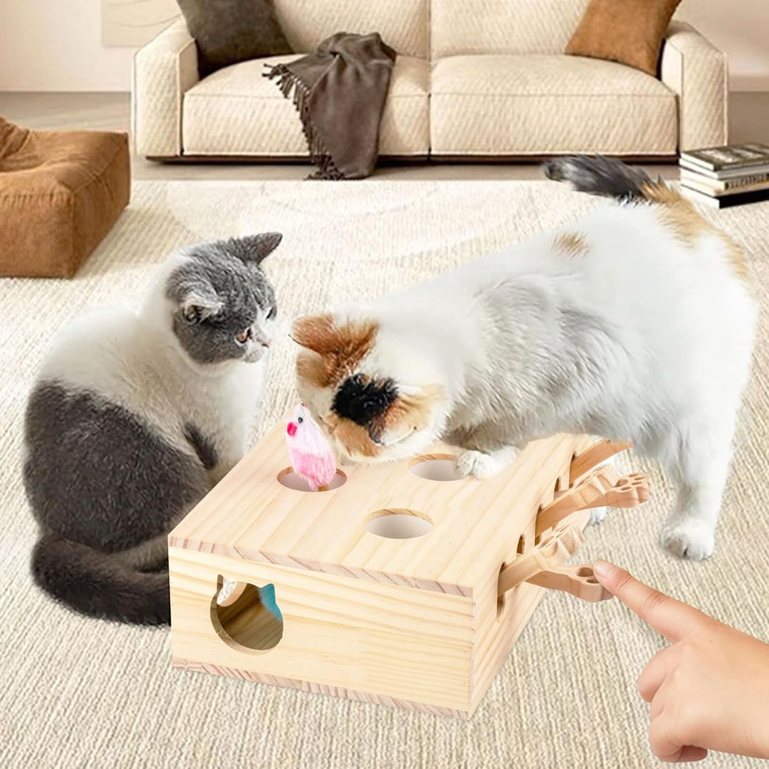 Interaktives Katzenspielzeug Holz Spielzeug, Maulwurf Maus, Puzzle Box mit Spielzeugen für Katzen, J