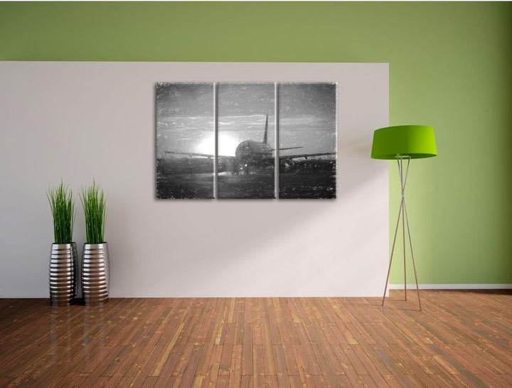 Pixxprint Flugzeug im Sonnenuntergang 3Teiler 120x80 cm Leinwandbild Wandbild Kunstdruck