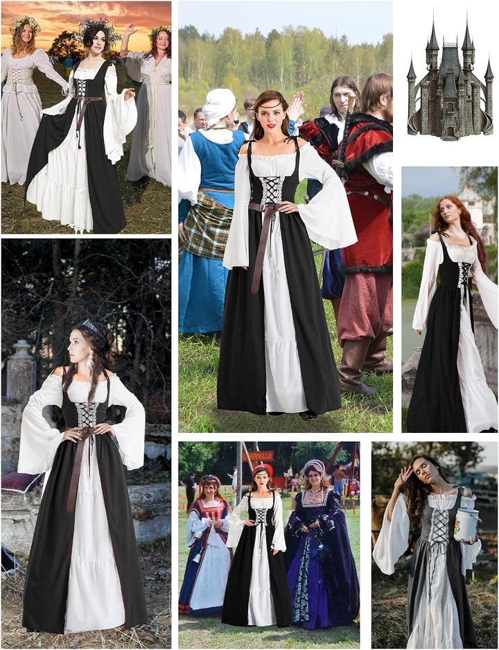 Pianocean Mittelalter Kleidung Damen, Renaissance Kleid, Gothic Kleid，Renaissance Mit Kapuze Langarm