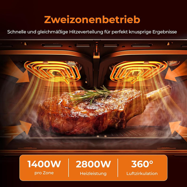 VIOMI VORTEX Pro Heissluftfritteuse, Doppelzonen, 11 L Air Fryer, 2 Kammern, 2800 W, mit Sichtfenste