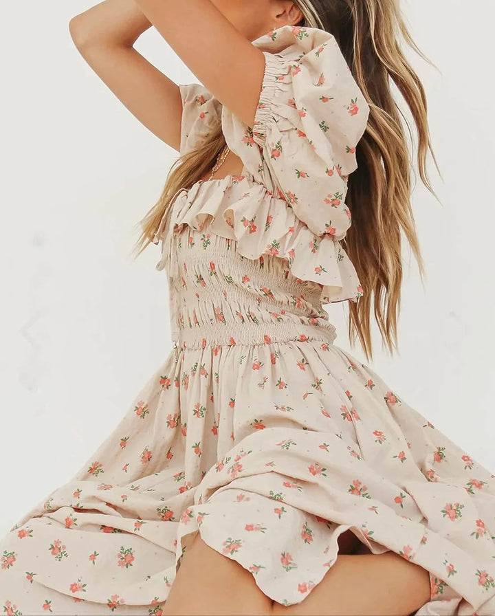 R.Vivimos Damen Casual A-Line Print Vierkant Puff Ärmel Kleid Saum Hohe Taille Midi Fitted Kleid Ber