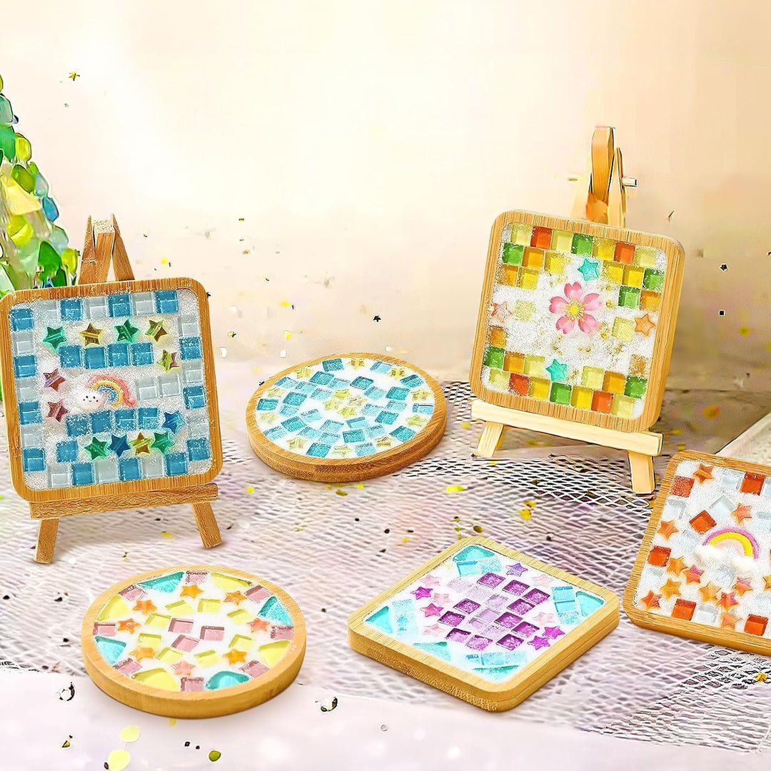 OGMBI 14er Set Mosaik Bastelset Untersetzer, DIY Mosaiksteine Untersetzer Set Mit Glasfliesen & Holz