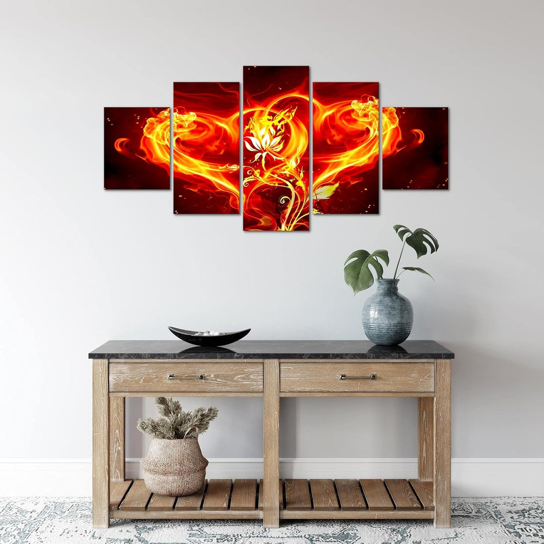 Runa Art Wandbilder Feuer Herz 5 Teilig Bild auf Vlies Leinwand Deko Wohnzimmer Feuerblume Flamme Ro