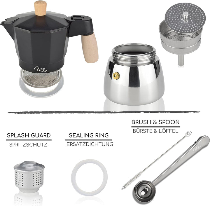 Milu Espressokocher Induktion geeignet | 3, 6, 9 Tassen | Aluminium / Edelstahl Mokkakanne, Espresso