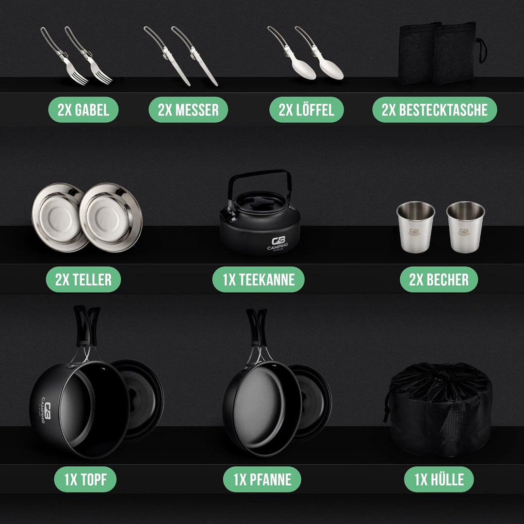 Camping in Black - Campinggeschirr Set - Kochgeschirr für 2 Personen aus Aluminium und Edelstahl