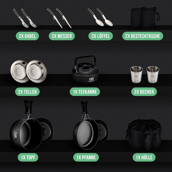 Camping in Black - Campinggeschirr Set - Kochgeschirr für 2 Personen aus Aluminium und Edelstahl