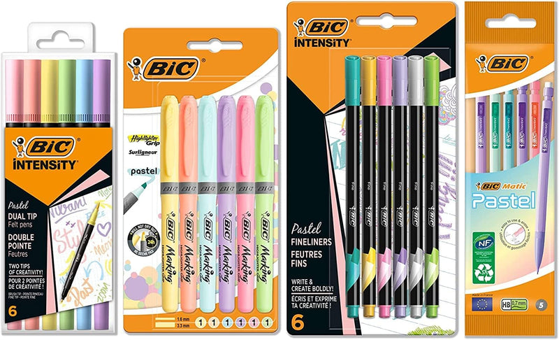 BIC Schreibwaren Set Pastell à 23: 6 Textmarker, 5 Fineliner, 6 Bleistifte, 6 Dual Tip Brush Pens, j