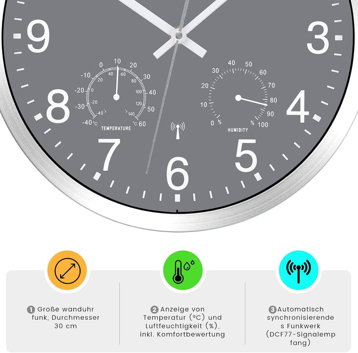 Wanduhr Funk Uhr mit Temperaturanzeige und Feuchtigkeitsmesser Funkuhr Wanduhr Lautlos Wand Ohne Tic