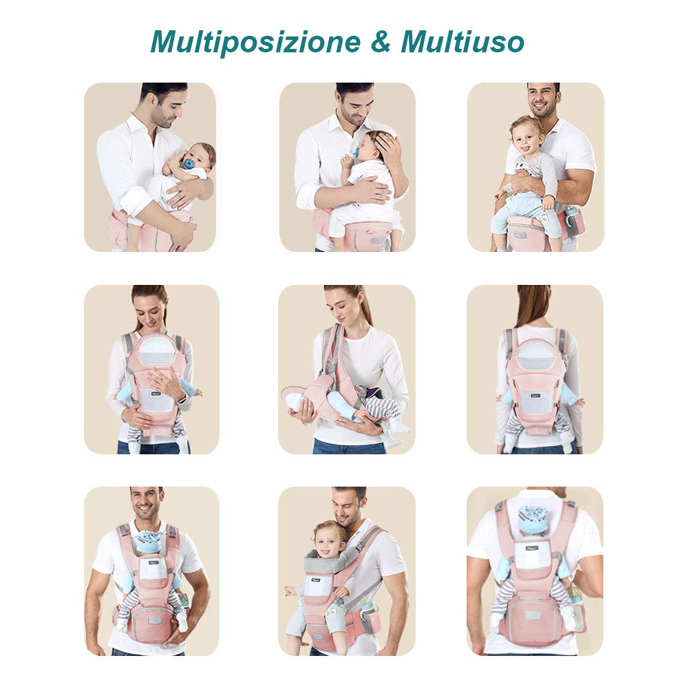 Babytrage mit Hocker, mehrere Positionen, Rucksack für Neugeborene, atmungsaktiv und bequem Rosa, Ro