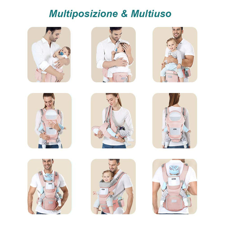 Babytrage mit Hocker, mehrere Positionen, Rucksack für Neugeborene, atmungsaktiv und bequem Rosa, Ro