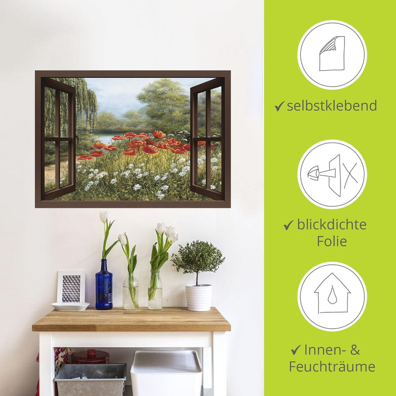 ARTland Wandbild selbstklebend Vinylfolie 100x70 cm Fensterblick Landschaft Blumen Mohnblumen See Bl