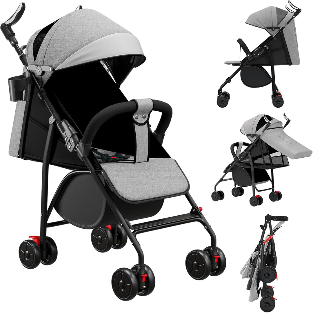 Kinderwagen mit 4 Rädern, bis zu 25 kg, grosses Verdeck, kompaktes Zusammenklappen, neigbare Rückenl