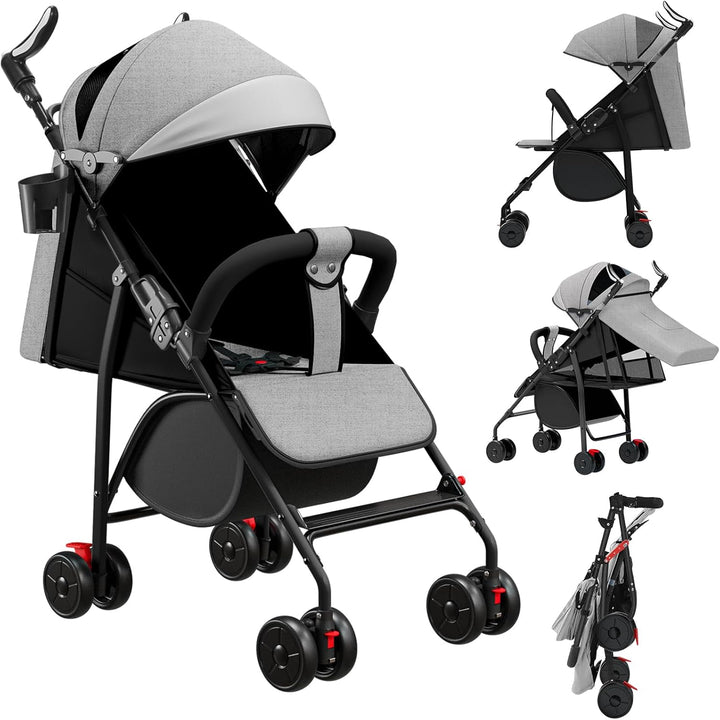 Kinderwagen mit 4 Rädern, bis zu 25 kg, grosses Verdeck, kompaktes Zusammenklappen, neigbare Rückenl