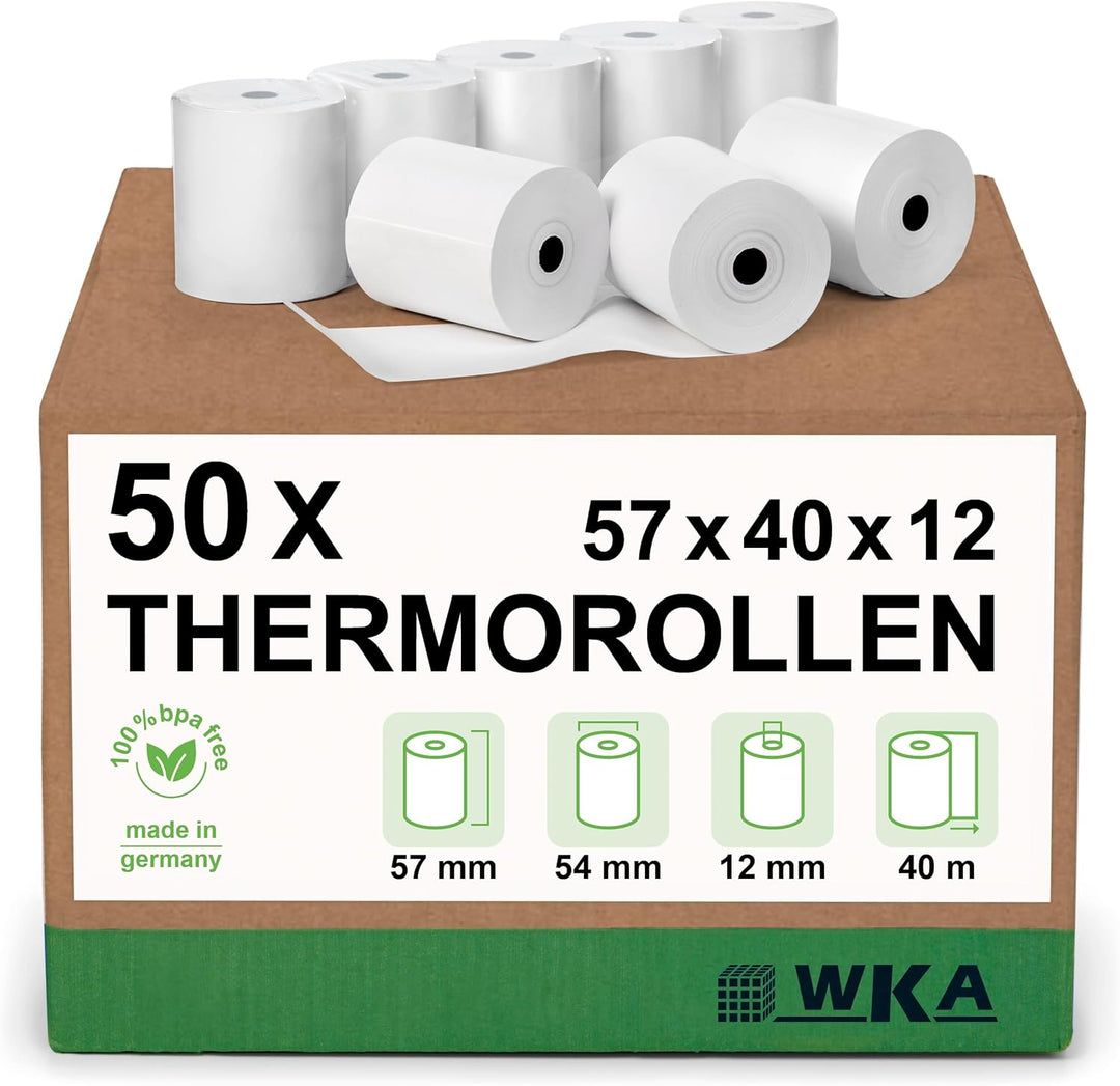 WKA 50 Thermorollen 57mm x 40m x 12mm, Bonrollen, Kassenrollen, Thermo-Bonrollen