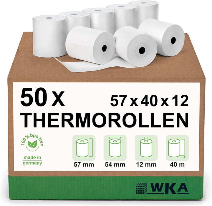 WKA 50 Thermorollen 57mm x 40m x 12mm, Bonrollen, Kassenrollen, Thermo-Bonrollen