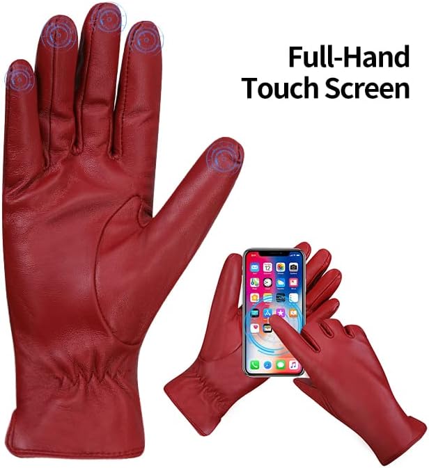 MGGMOKAY Damen Lederhandschuhe Kaschmir gefüttert XXL Rot (Touchscreen, Innenfutter aus Kaschmir), X