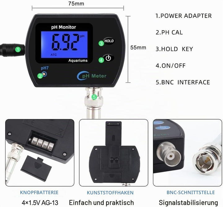 Aquarium pH Wert Messgerät, PH-990 Tragbares pH-Meter, pH Messgerät Wandmontage Wasseranalysator, Wa