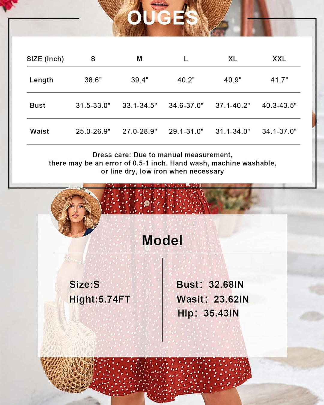 OUGES Sommerkleid Damen Casual Kleid V-Ausschnitt Midi Kleider Knopfleiste Freizeitkleid mit Taschen