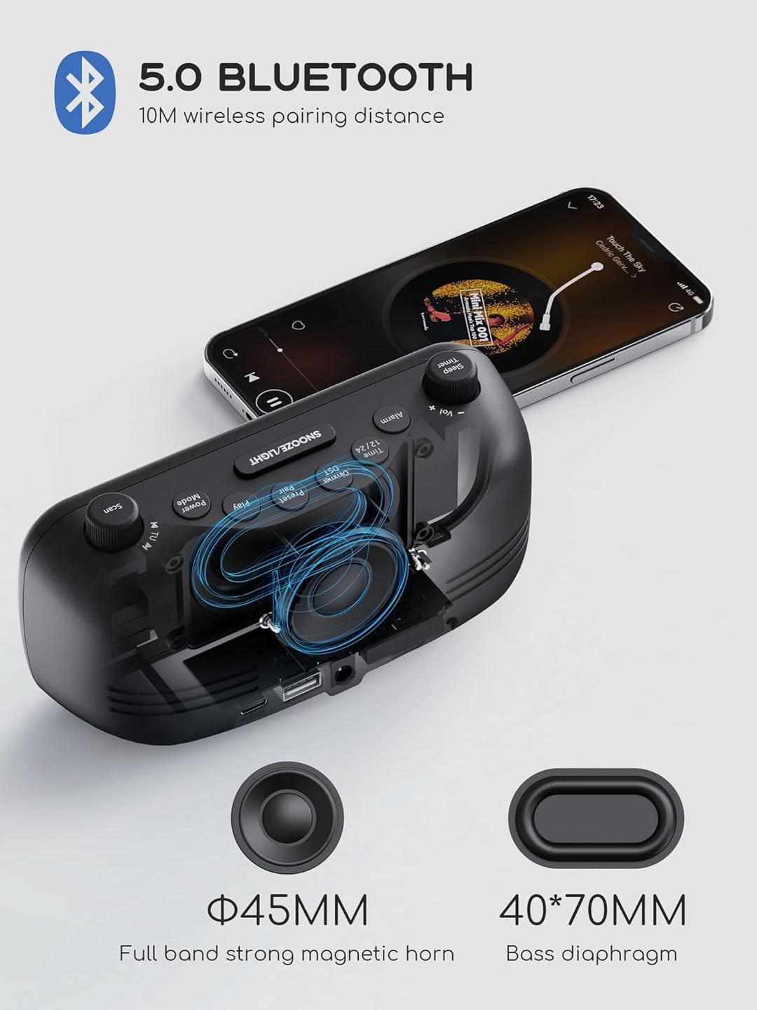 Radiowecker mit Bluetooth-Lautsprecher, Digitaler Wecker mit Typ-C Ladeanschluss, Nachtlicht, Snooze