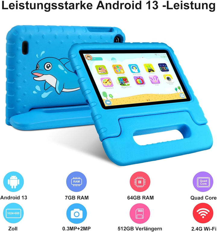 AOCWEI Tablet Android 13 7-Zoll für, 7GB RAM 64GB ROM/TF 512GB, Elterliche Kontrolle, Bildung + Spie