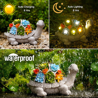 Yeomoo Solar Gartenfiguren Schildkröte Gartendeko für Draussen, mit Sukkulenten und 7 LED Leuchten H