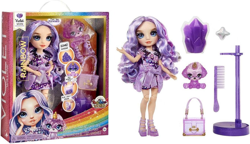 Rainbow High Modepuppe mit Schleim & Haustier - Violet (Lila) - 28 cm Schimmernde Puppe mit Glitzers