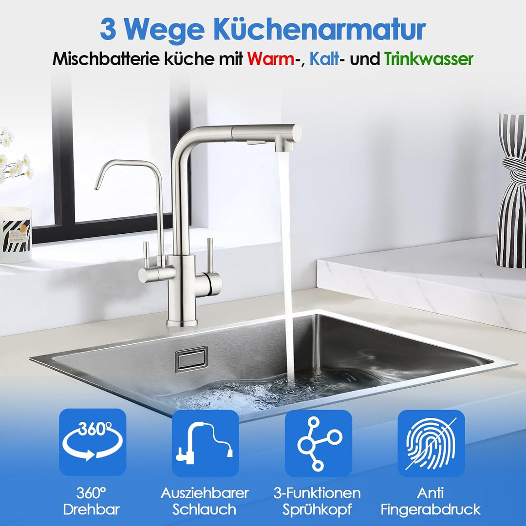 ROVOGO 3 Wege Wasserhahn Küche mit Filter, Hochdruck Küchenarmatur mit 2 Strahlarten Brause Ausziehb