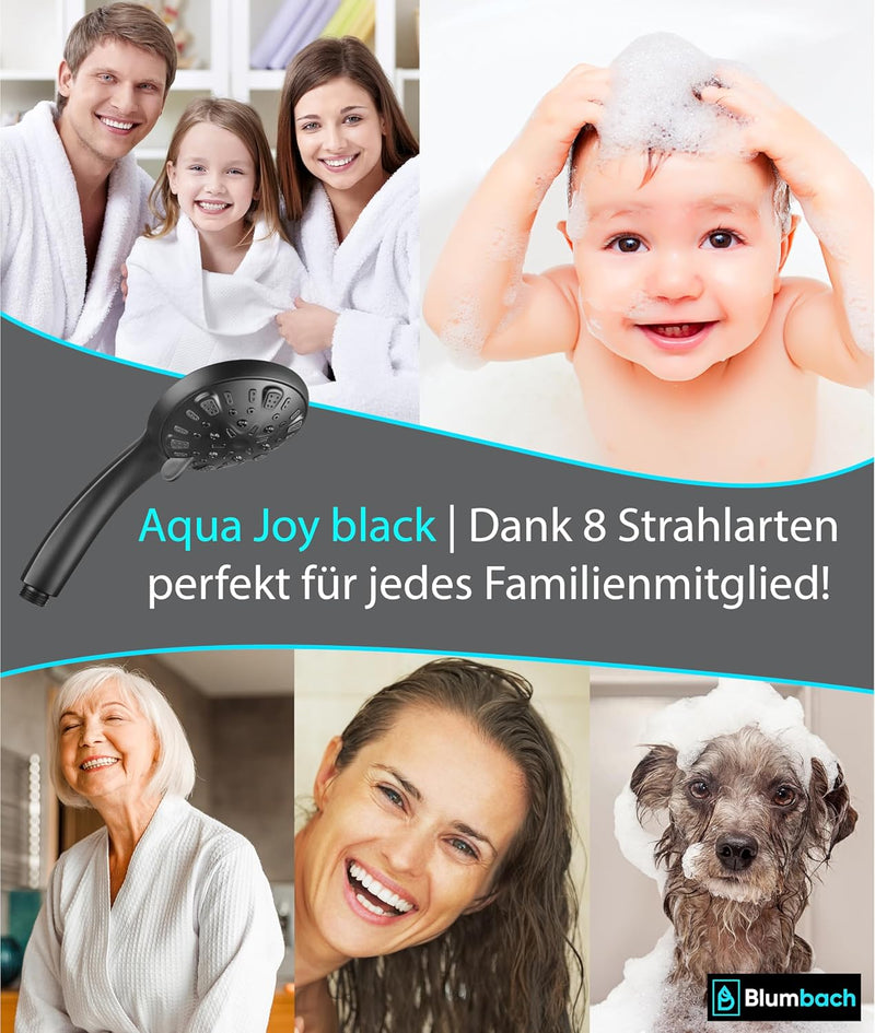BLUMBACH ® Duschkopf schwarz wassersparend - Hochdruck Duschkopf Aqua Joy - 8 Strahlarten, Duschbrau
