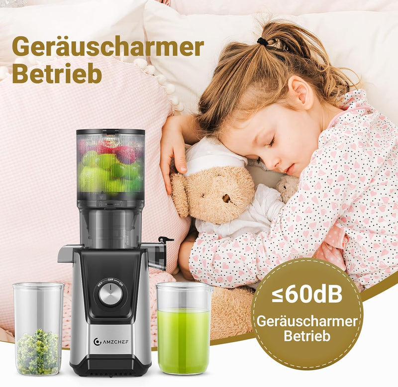 AMZCHEF 200W Kaltpress Slow Juicer - 108MM Grosser Einfüllschacht Entsafter für Ganze Gemüse und Obs