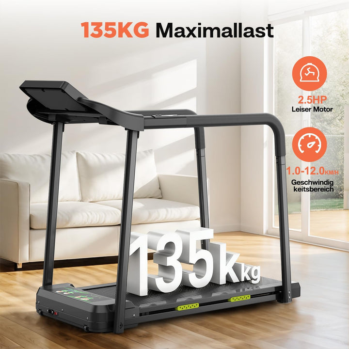 Walking Pad für Senioren, Klappbares Laufband mit Haltegriff & App, Elektrisches Laufband bis 135kg,