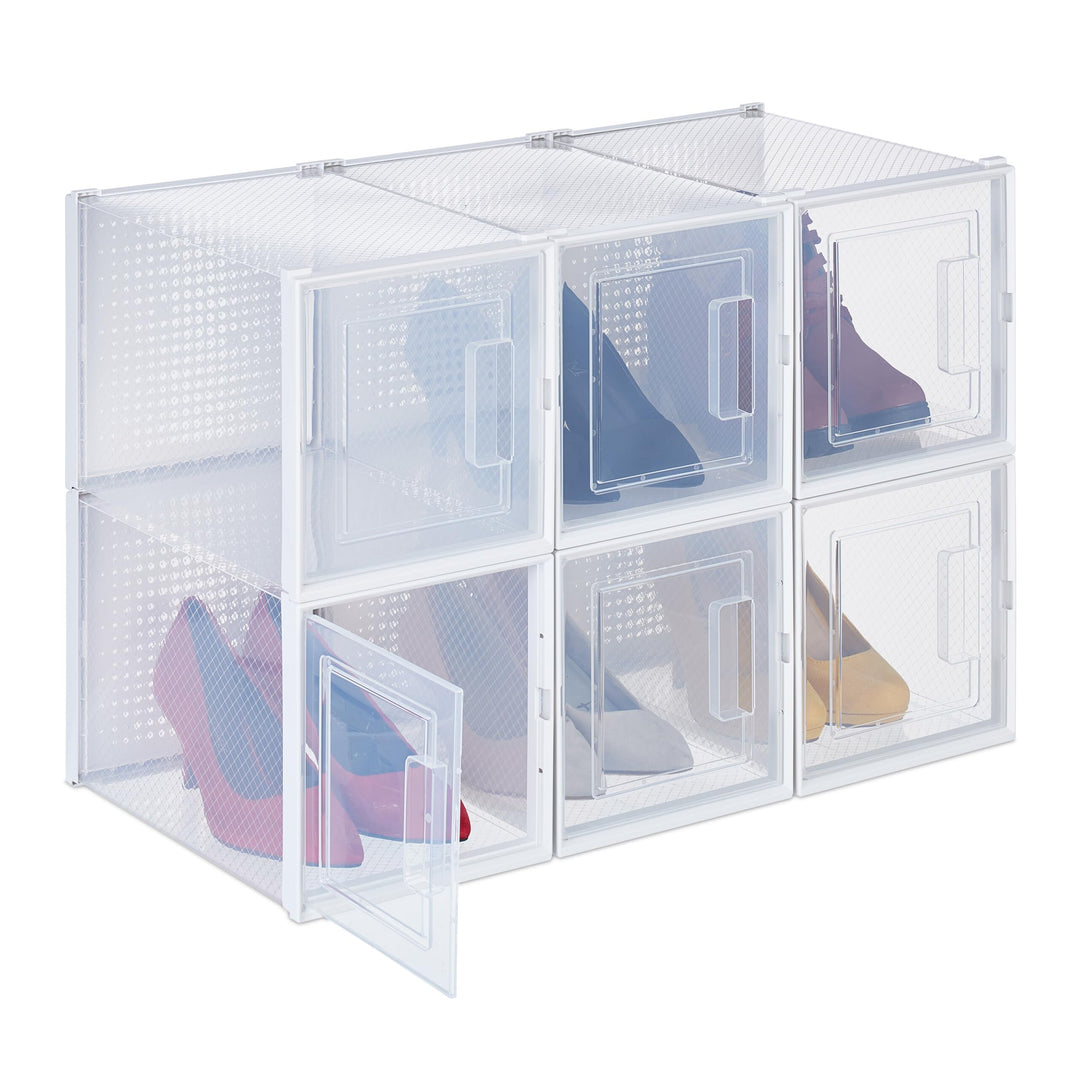 Relaxdays Schuhboxen 6er Set, für High Heels, Schuhorganizer stapelbar, bis Grösse 42, Lüftungsschli