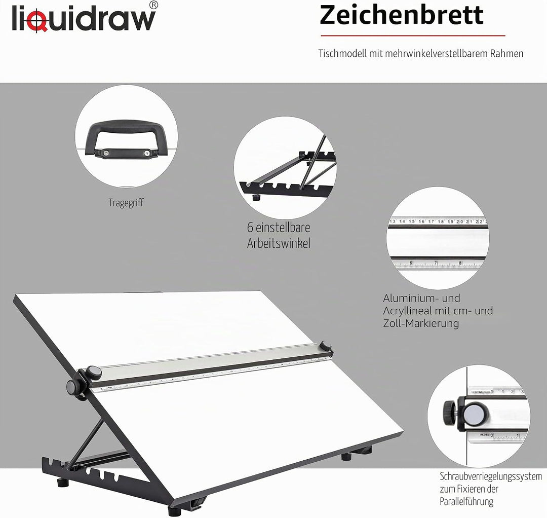 Liquidraw A1 Zeichenbrett Parallelbewegung, 88,9 x 63,5 cm, 6 verstellbare Arbeitswinkel, inkl. Clip