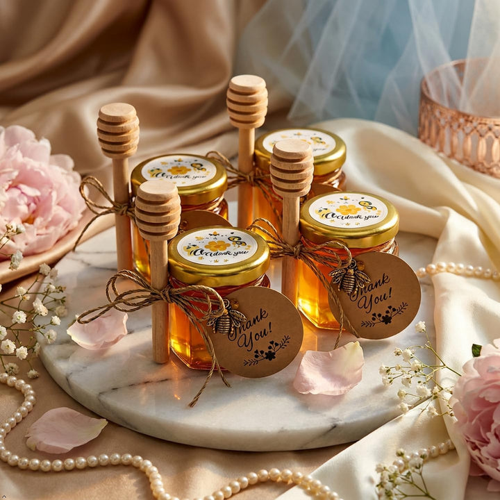 40 Pack 1,5 oz Hexagon Mini Glas Honig Gläser mit hölzernen Dippers, Bienen Anhänger, goldene Gesche