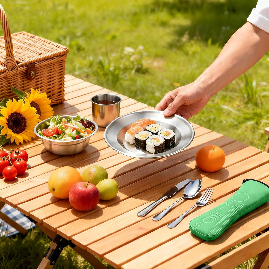 Campingbesteck Set 1 Person, Camping Geschirr Set Edelstahl mit Schalen Teller Tassen Gabeln Löffel