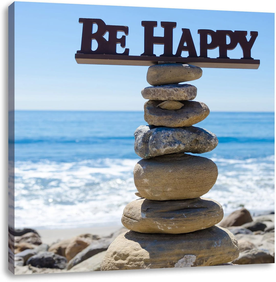 Pixxprint Steinturm bei Happy am Strand, Format: 70x70 auf Leinwand, 70x70