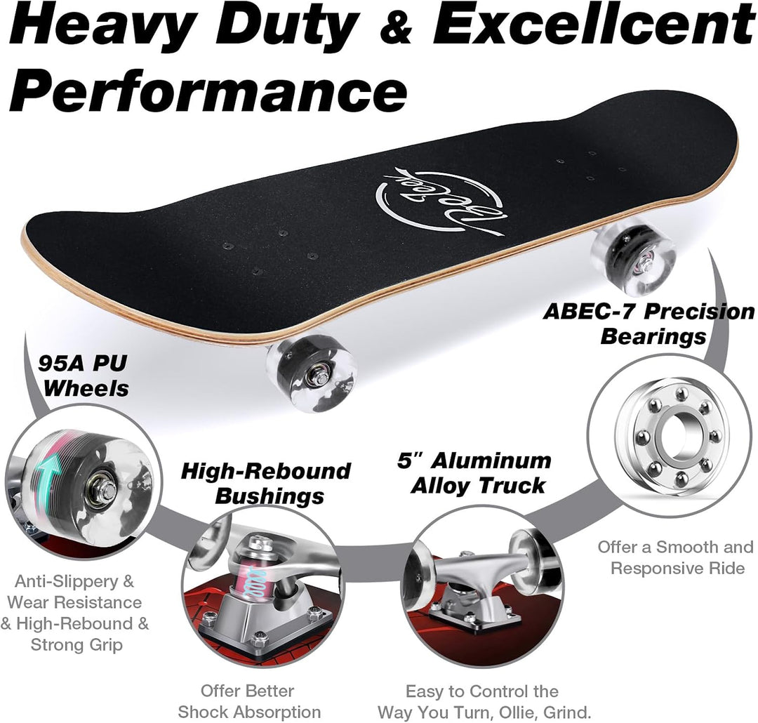BELEEV Skateboard 31x8 Zoll Komplette Cruiser Skateboard für Kinder Jugendliche Erwachsene, 7-Lagige