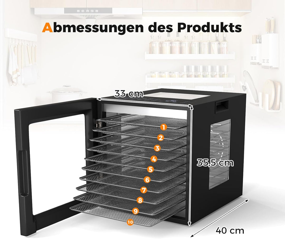 COSTWAY 850W Dörrautomat inkl. 10 Edelstahl-Schalen, Dörrgerät mit 10 voreingestellten Programmen, 4