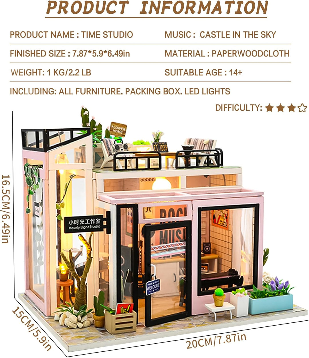Spilay Miniatur Haus, Zeit-Studio DIY Miniature House mit LED-Licht, 3D Holz Puppenhaus Bastelset zu