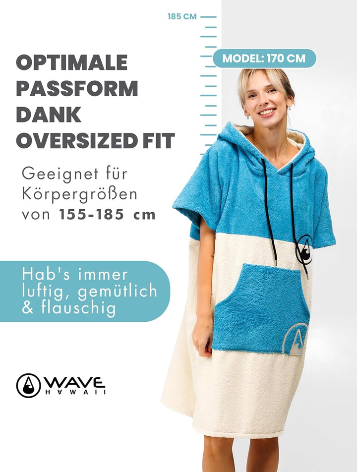 WAVE HAWAII Poncho Lagos Surfponcho 100% Baumwolle für Körpergrössen von 155-185 cm Umkleidehilfe fü