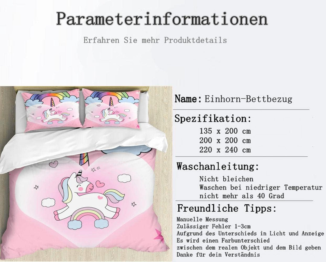Rosa Einhorn Bettbezug,Schöner Regenbogen weisse Wolke Einhorn Mädchen Kinder Bettwäsche 135×200cm,E