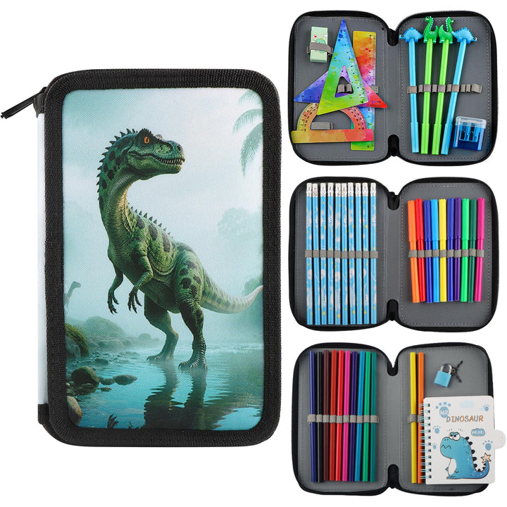 Federmäppchen Dino Kids Federmäppchen Set Federmappe Mäppchen Etui 3 Fach mit Buntstiften einem Line