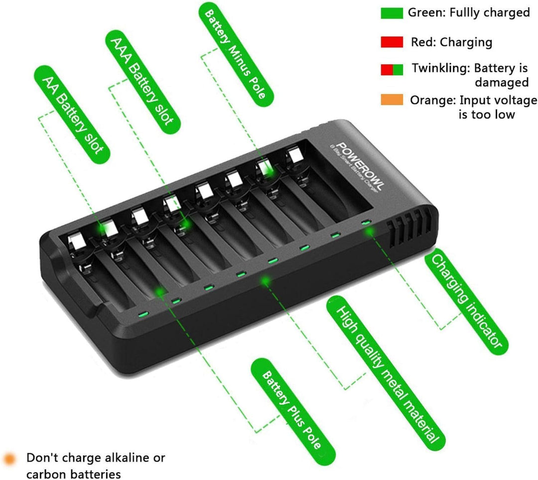POWEROWL 8 Fach Akku Ladegerät mit Goldtop Akku Pro Batterien Pack Serie (Akkuladegerät+Pro 8 AAA),