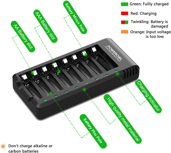 POWEROWL 8 Fach Akku Ladegerät mit Goldtop Akku Pro Batterien Pack Serie (Akkuladegerät+Pro 8 AAA),