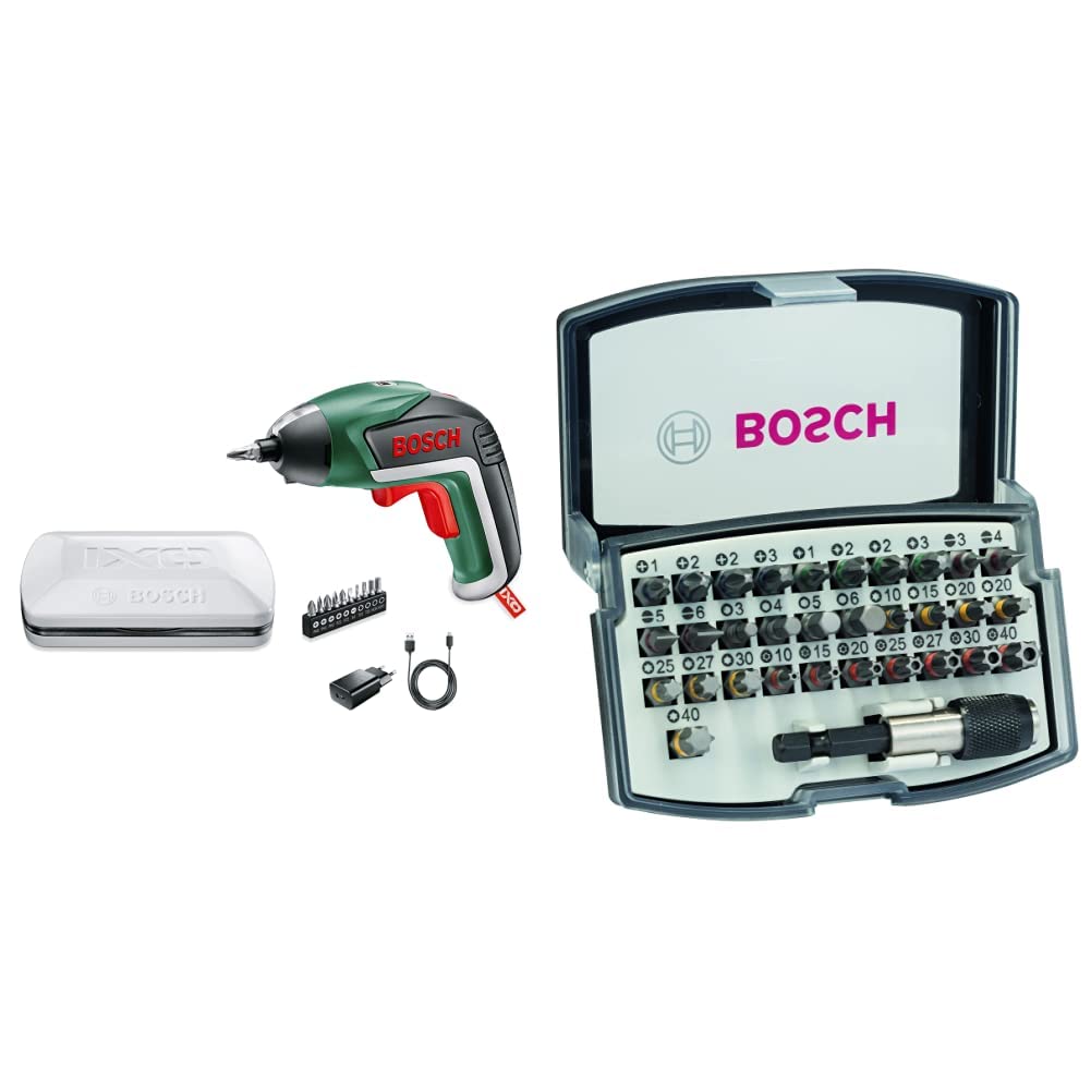 Bosch Akkuschrauber IXO (5. Generation, in Aufbewahrungsbox), Klassisch grün + 32tlg. Schrauberbit S