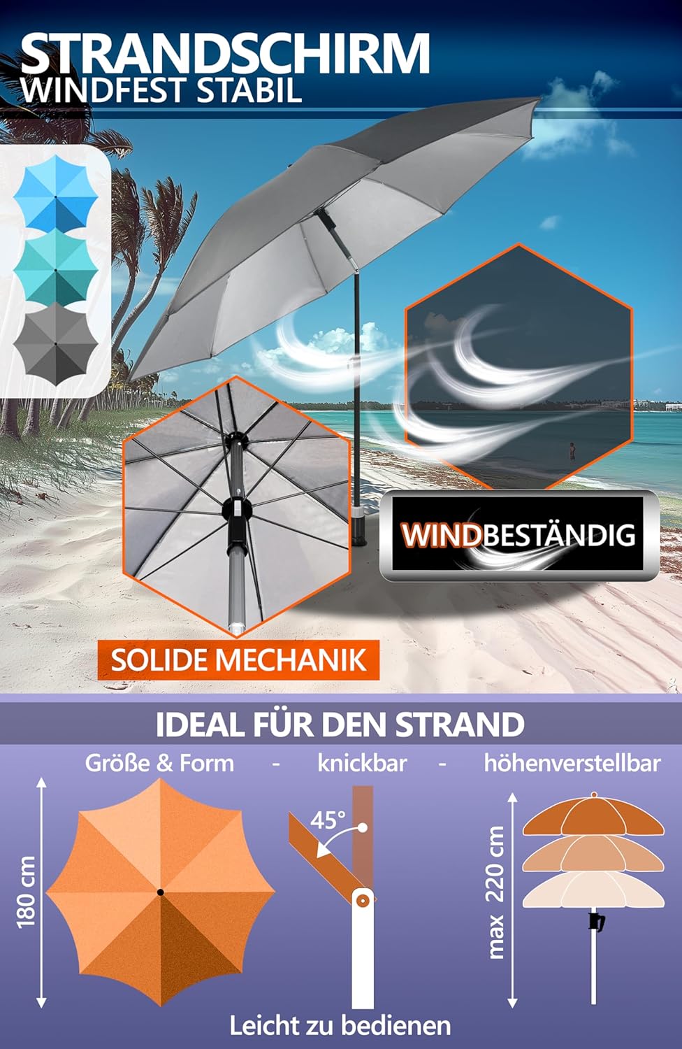 4smile Sonnenschirm Strand SunnyJoy Ø 180 cm, 3-IN-1 Set - UPF 50+ Strandschirm + Sonnenschirm Schut