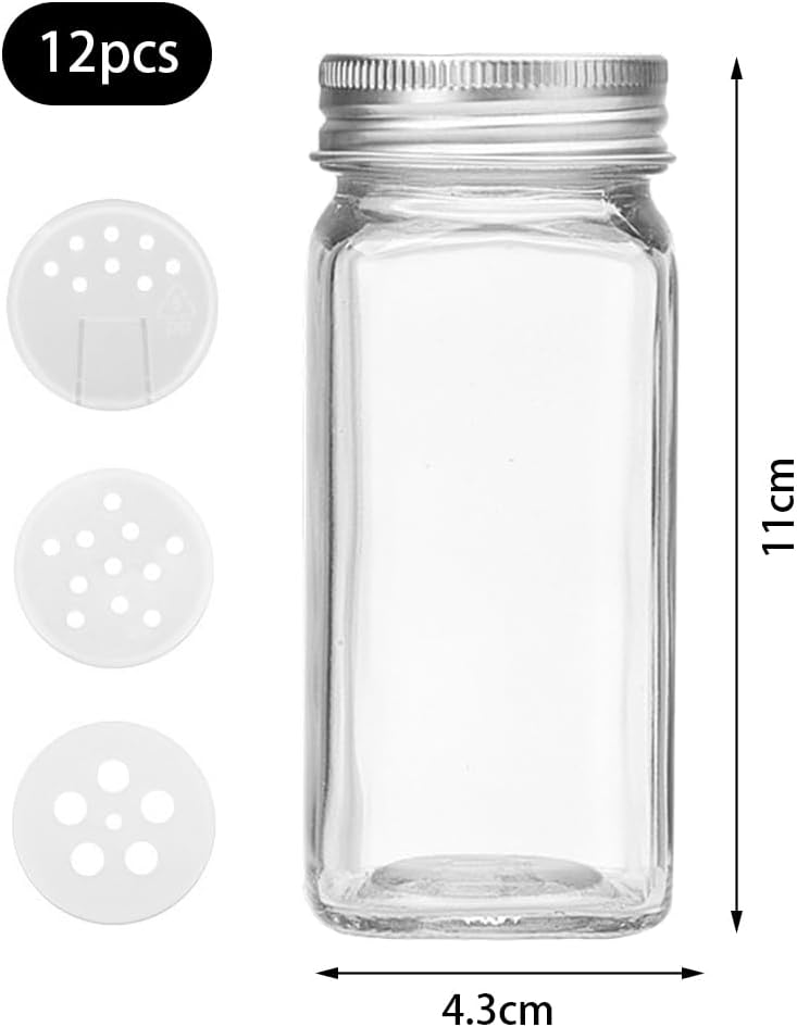 miaomiao 12 Stück Gewürzgläser Eckig Set, 120 ml Gewürzdosen Gewürze Organizer, Gewürzbehälter Spice