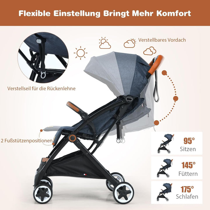 FANTASK Kinderbuggy faltbar, 5-Punkt-Sicherheitsgurt mit Liegefunktion, Reisebuggy mit Verdeck & ver