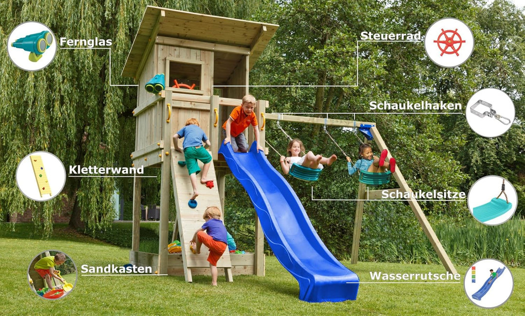 Blue Rabbit 2.0 Spielturm BEACH HUT mit Rutsche 2,30 m oder 2,90 m inkl. Wasseranschluss, Kletterwan