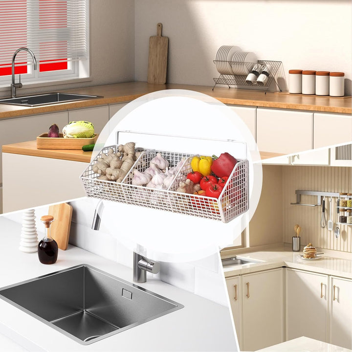 Wall Basket, 3 Compartment Onion Holder, 14.17x5.51in Wall Mounted Storage Bin, Space Saving Metal O